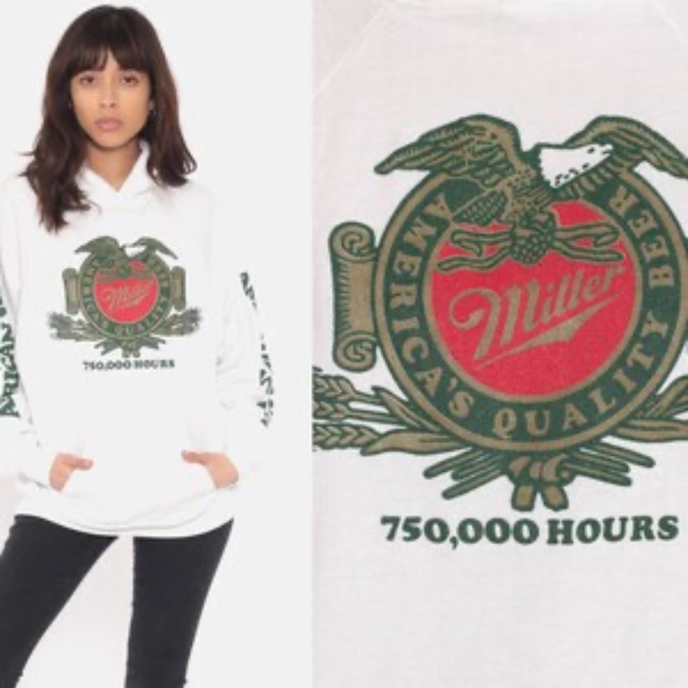 *VINTAGE* Miller Beer Hoodie Sweatshirt w/ Logo in White / Red
